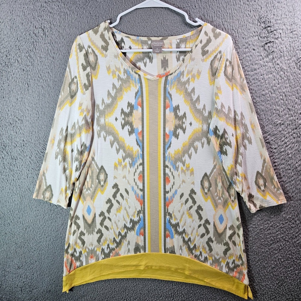 Chico's Zenergy Tunic Top Blouse Women Size 0 US 4 6 Stretch Aztec Geometric
